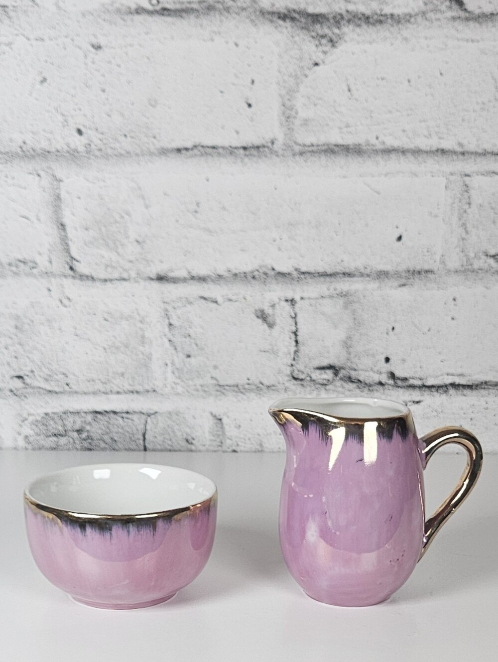 Vintage Japan Pink Lusterware Creamer Sugar Bowl Set Gold Trim